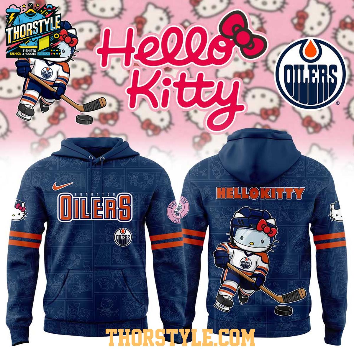 Edmonton Oilers Hello Kitty 2025 Celebrating 50th Anniversary Hoodie T-Shirt Edmonton Oilers Hello Kitty 2025 Celebrating 50th Anniversary Hoodie T-Shirt