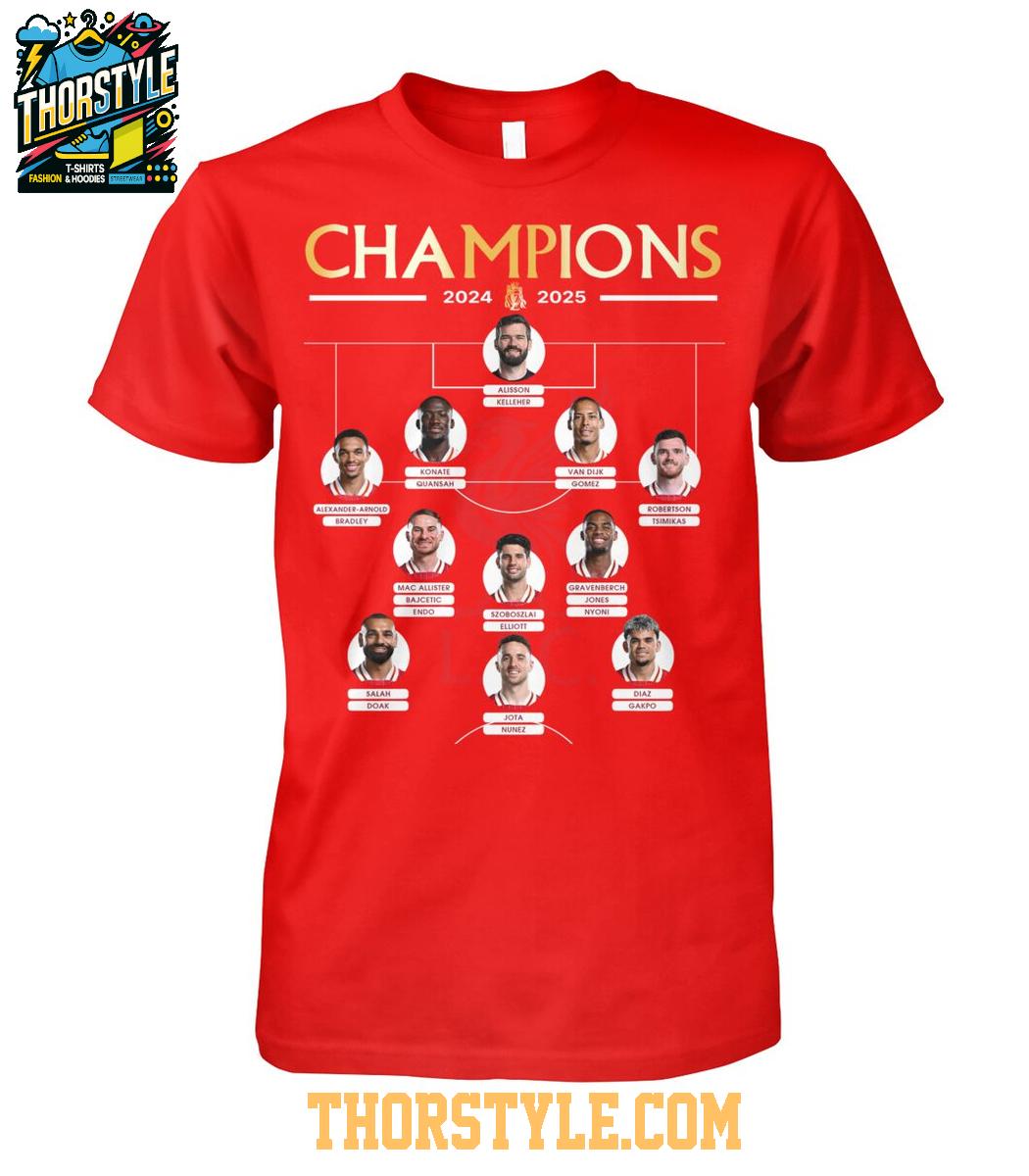 Liverpool Celebrating 2024-2025 Premier League Champions Line Up T-Shirt Liverpool Celebrating 2024-2025 Premier League Champions Line Up T-Shirt