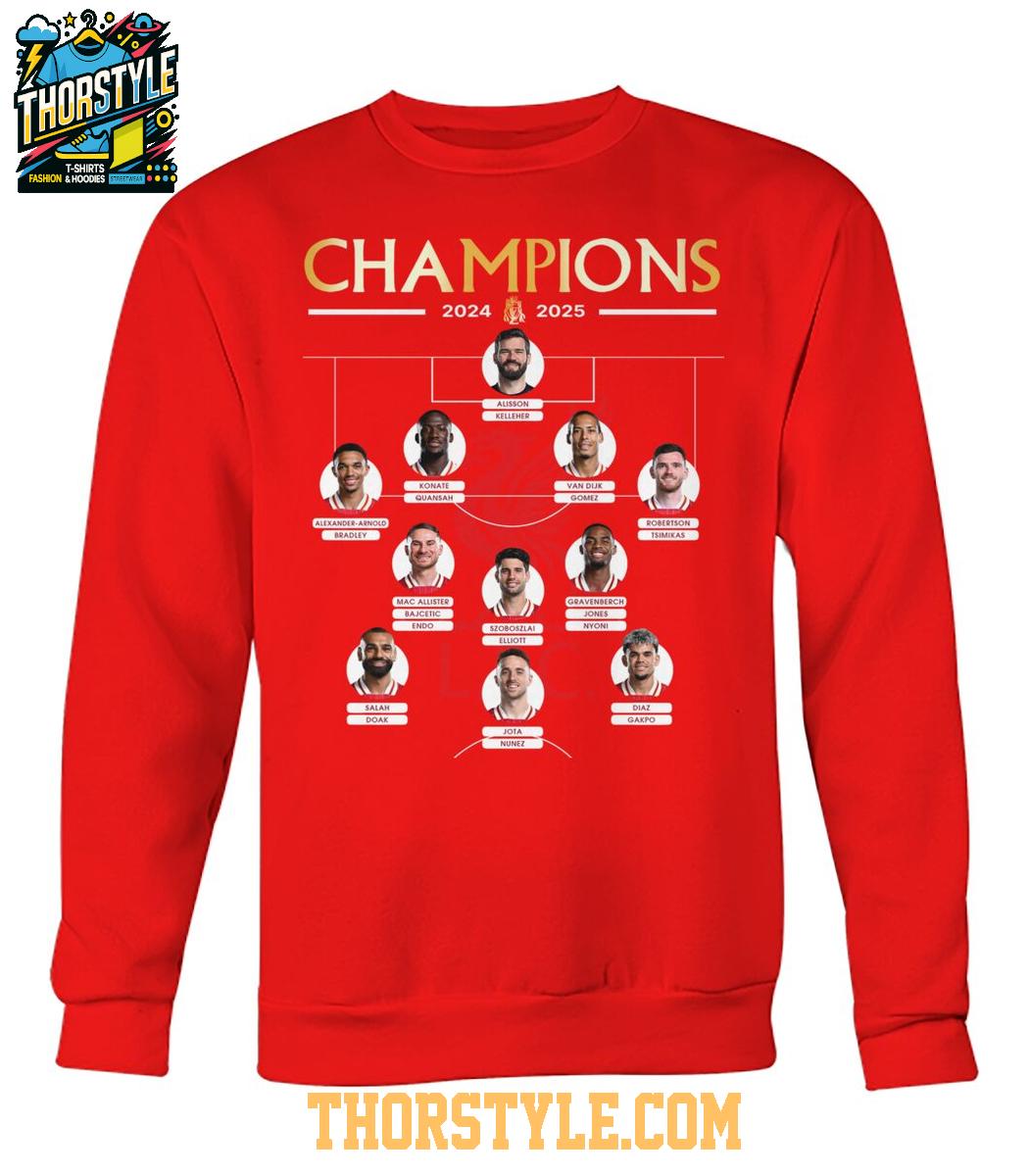 Liverpool Celebrating 2024-2025 Premier League Champions Line Up T-Shirt Liverpool Celebrating 2024-2025 Premier League Champions Line Up T-Shirt