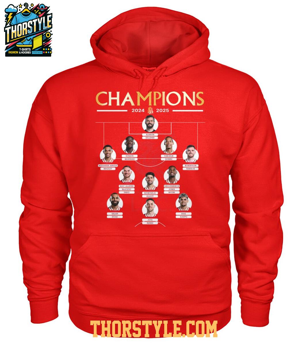 Liverpool Celebrating 2024-2025 Premier League Champions Line Up T-Shirt Liverpool Celebrating 2024-2025 Premier League Champions Line Up T-Shirt