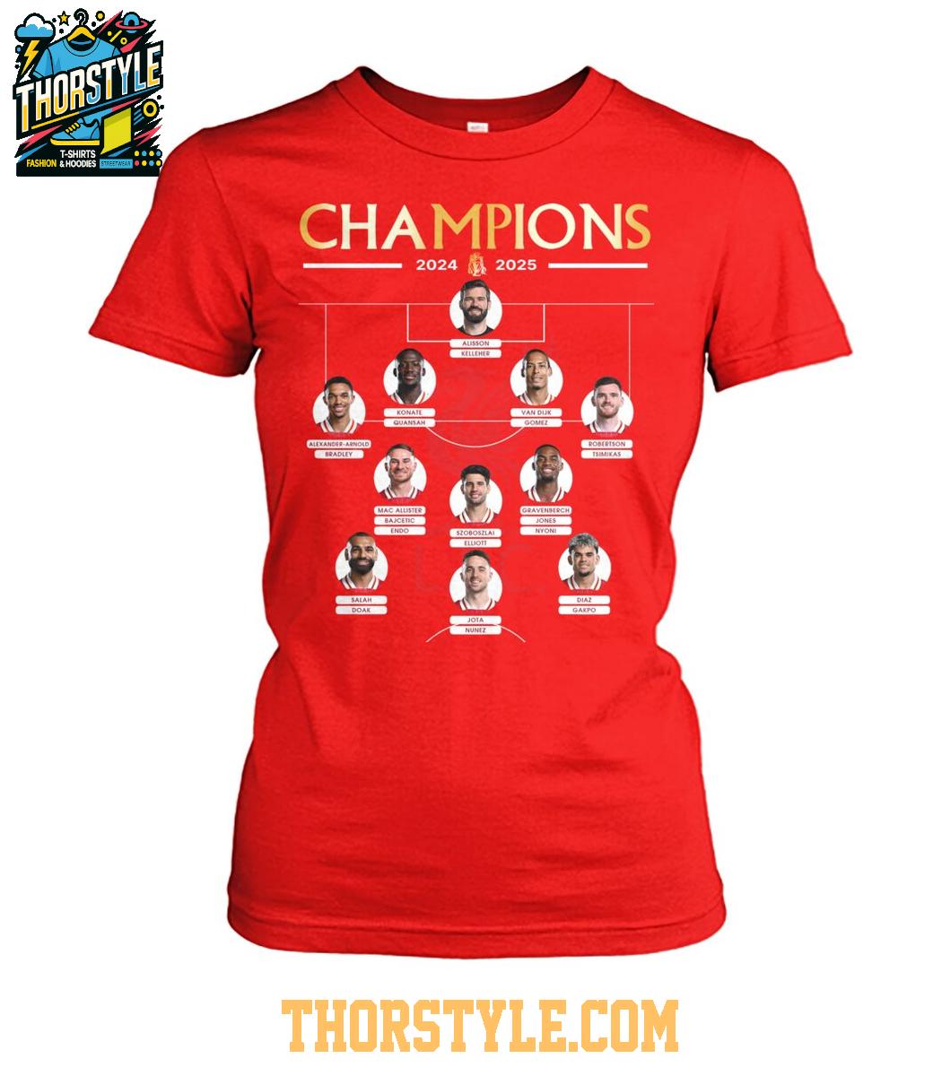 Liverpool Celebrating 2024-2025 Premier League Champions Line Up T-Shirt Liverpool Celebrating 2024-2025 Premier League Champions Line Up T-Shirt