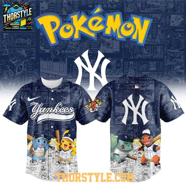 New York Yankees 2025 Pokémon Pikachu Bulbasaur Charmander Squirtle Baseball Jersey