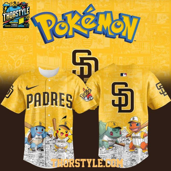 San Diego Padres 2025 Pokémon Pikachu Bulbasaur Charmander Squirtle Baseball Jersey