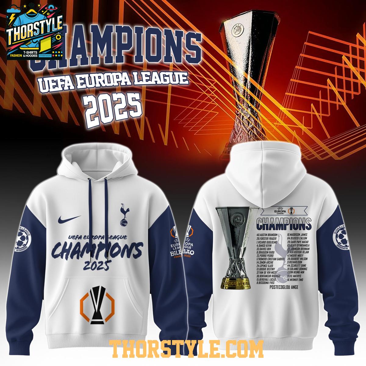 Tottenham Hotspurs Europa League 2024-2025 Champions Celebrating Hoodie T-Shirt Tottenham Hotspurs Europa League 2024-2025 Champions Celebrating Hoodie T-Shirt