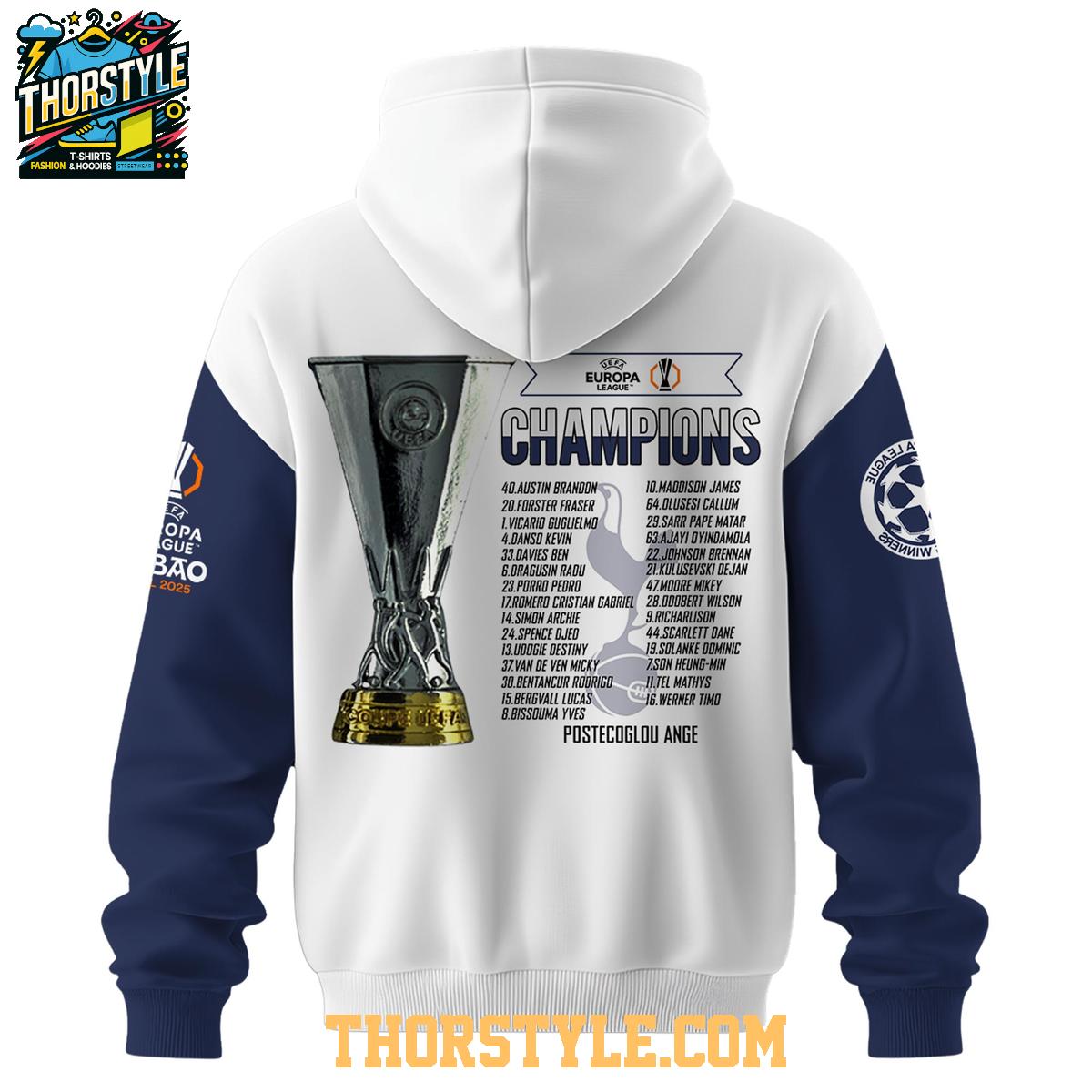 Tottenham Hotspurs Europa League 2024-2025 Champions Celebrating Hoodie T-Shirt Tottenham Hotspurs Europa League 2024-2025 Champions Celebrating Hoodie T-Shirt
