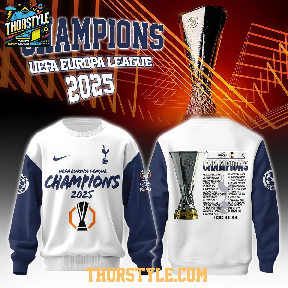 Tottenham Hotspurs Europa League 2024-2025 Champions Celebrating Hoodie T-Shirt Tottenham Hotspurs Europa League 2024-2025 Champions Celebrating Hoodie T-Shirt