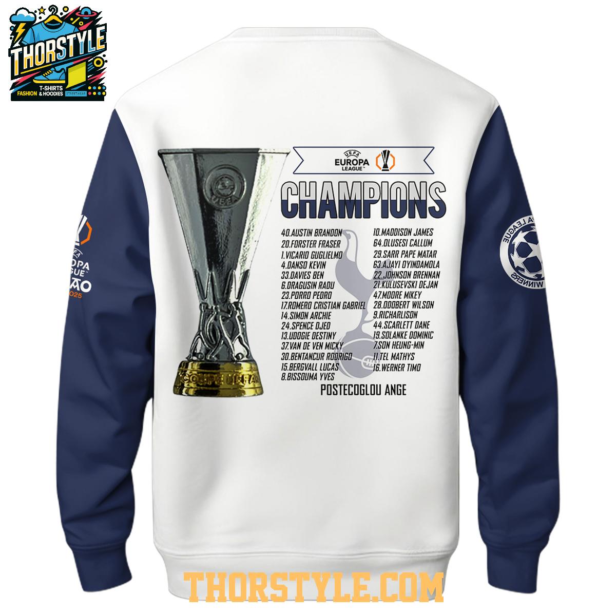 Tottenham Hotspurs Europa League 2024-2025 Champions Celebrating Hoodie T-Shirt Tottenham Hotspurs Europa League 2024-2025 Champions Celebrating Hoodie T-Shirt