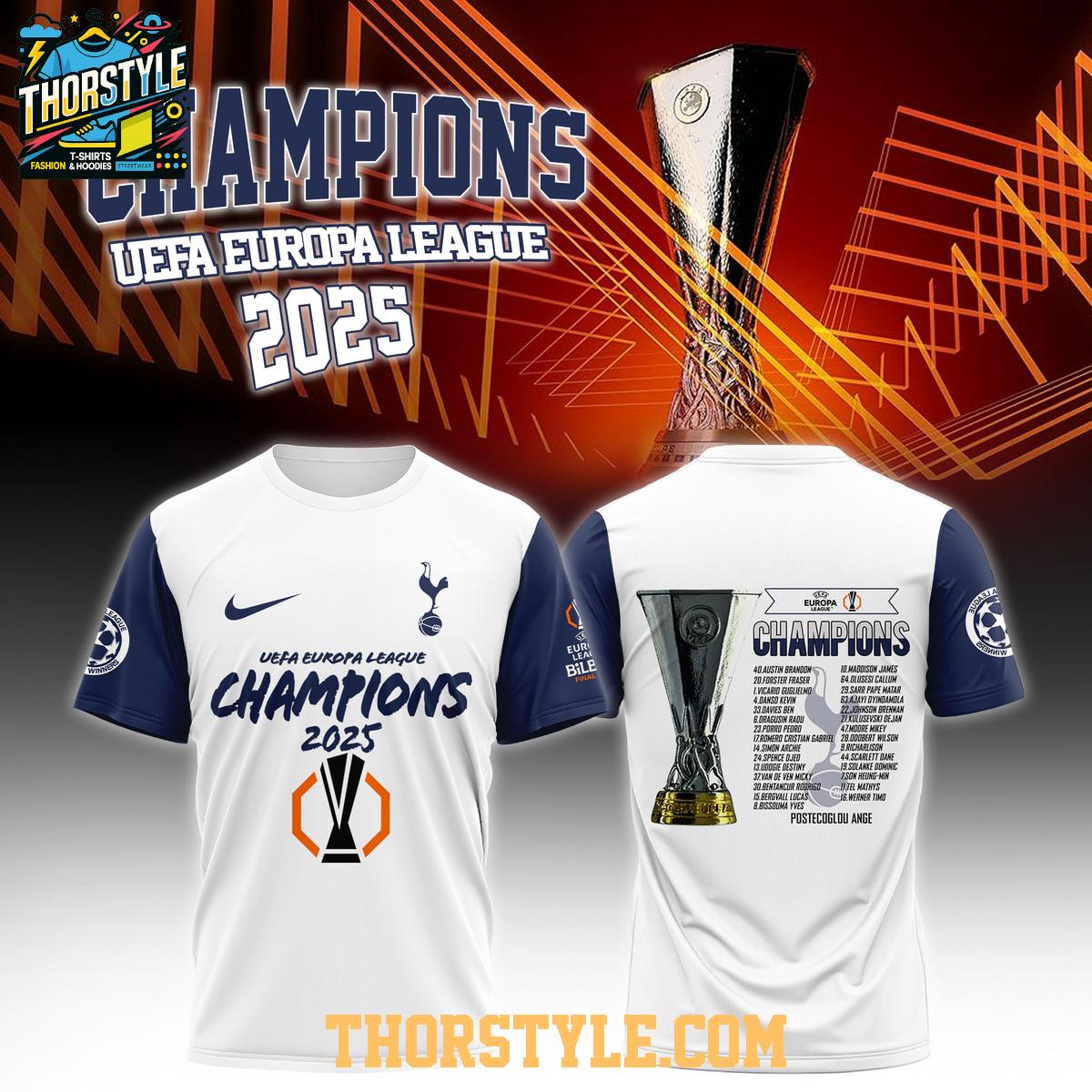 Tottenham Hotspurs Europa League 2024-2025 Champions Celebrating Hoodie T-Shirt Tottenham Hotspurs Europa League 2024-2025 Champions Celebrating Hoodie T-Shirt