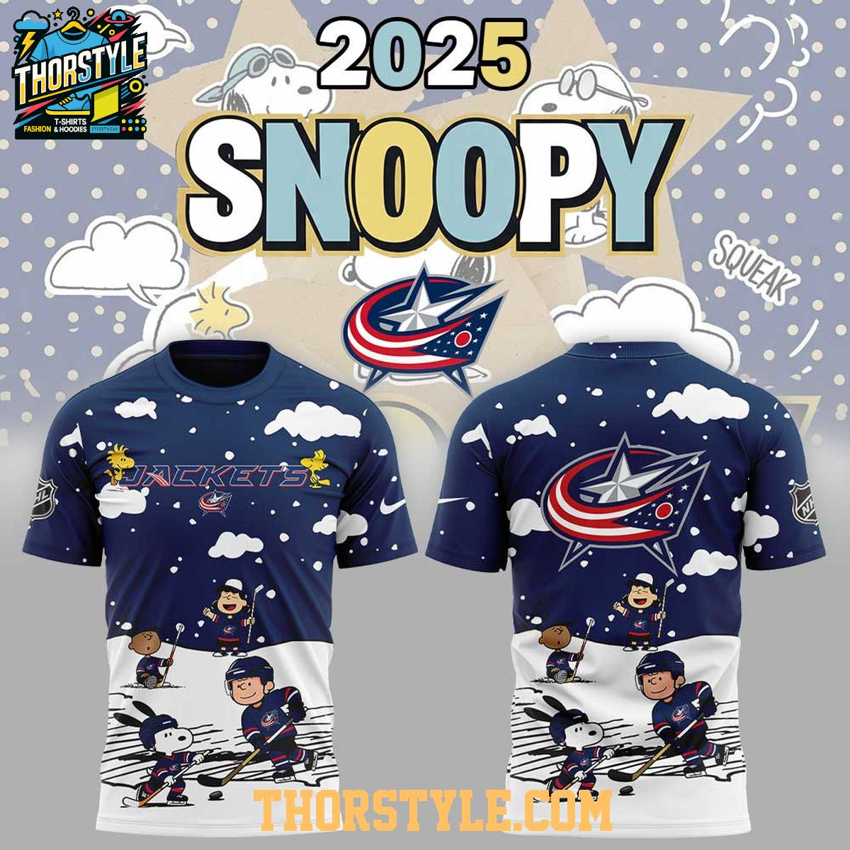 Columbus Blue Jackets Snoopy Playing Hockey With Charlie Browns Friends 2025 Hoodie T-Shirt Columbus Blue Jackets Snoopy Playing Hockey With Charlie Browns Friends 2025 Hoodie T-Shirt