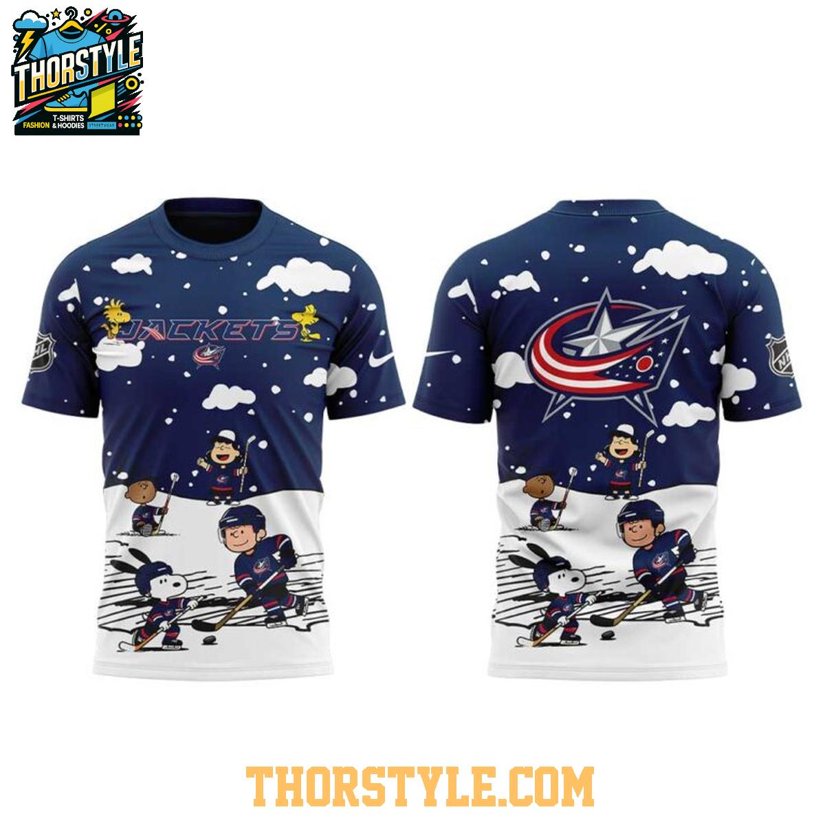 Columbus Blue Jackets Snoopy Playing Hockey With Charlie Browns Friends 2025 Hoodie T-Shirt Columbus Blue Jackets Snoopy Playing Hockey With Charlie Browns Friends 2025 Hoodie T-Shirt