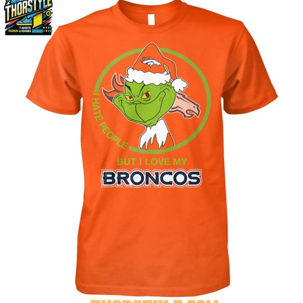 Denver Broncos Grinch Hates People But Loves Football Xmas 2025 T-Shirt