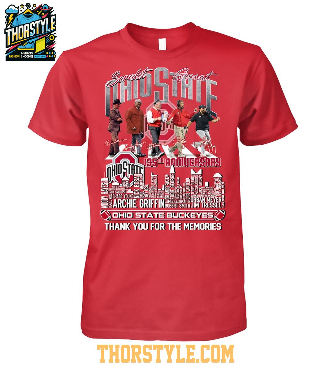 Ohio State Buckeyes 135th  Anniversary Scarlet Great The Memories 2025 T-Shirt Ohio State Buckeyes 135th  Anniversary Scarlet Great The Memories 2025 T-Shirt