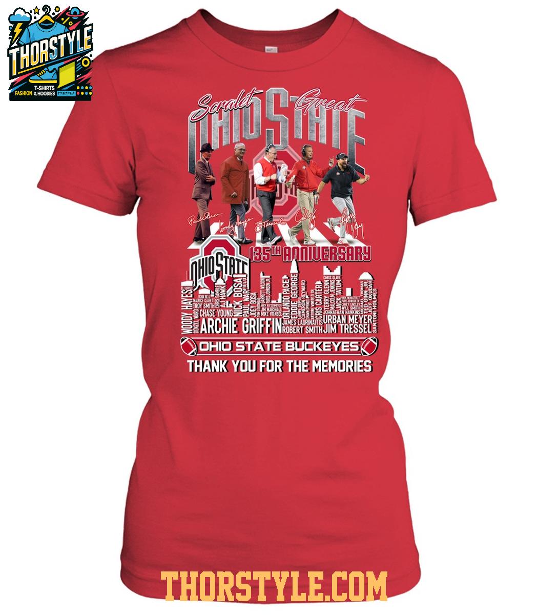 Ohio State Buckeyes 135th  Anniversary Scarlet Great The Memories 2025 T-Shirt Ohio State Buckeyes 135th  Anniversary Scarlet Great The Memories 2025 T-Shirt