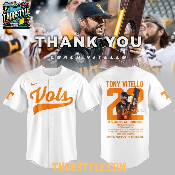 Tennessee Volunteers Coach Tony Vitello Thank You 2018-2025 Baseball Jersey
