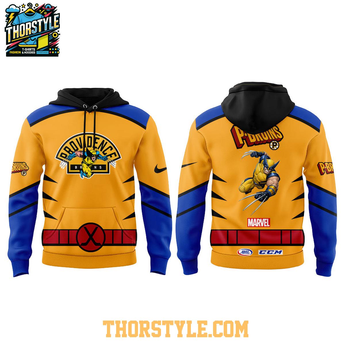 Providence Bruins Marvel Wolverine 2025 Crossover Hoodie T-Shirt Providence Bruins Marvel Wolverine 2025 Crossover Hoodie T-Shirt