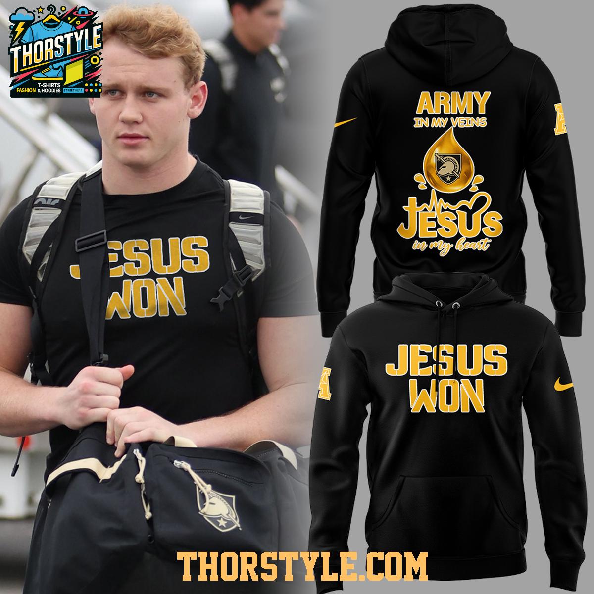 Army Black Knights In My Veins Jesus Won 2025 Hoodie T-Shirt Army Black Knights In My Veins Jesus Won 2025 Hoodie T-Shirt