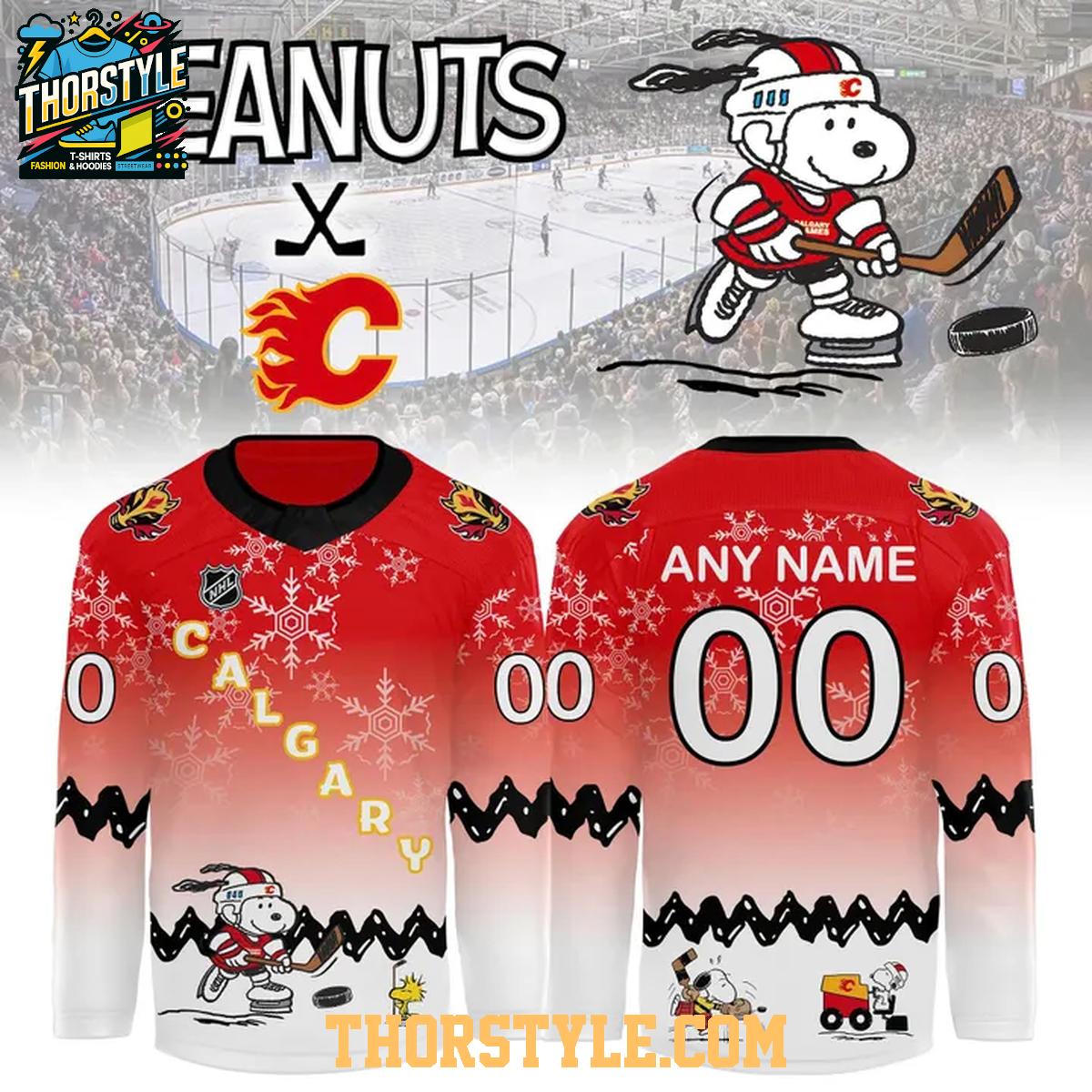 Calgary Flames Snoopy 2025 Christmas Peanuts Personalized Hockey Jersey Calgary Flames Snoopy 2025 Christmas Peanuts Personalized Hockey Jersey