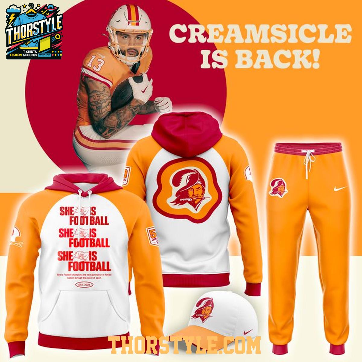 Tampa Bay Buccaneers Back To Creamsicle 2025 She Is Football Hoodie T-Shirt Tampa Bay Buccaneers Back To Creamsicle 2025 She Is Football Hoodie T-Shirt