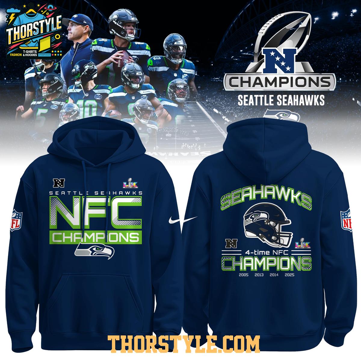 Seattle Seahawks 4-Time NFC Division Champions 2025-2026 Hoodie T-Shirt Seattle Seahawks 4-Time NFC Division Champions 2025-2026 Hoodie T-Shirt