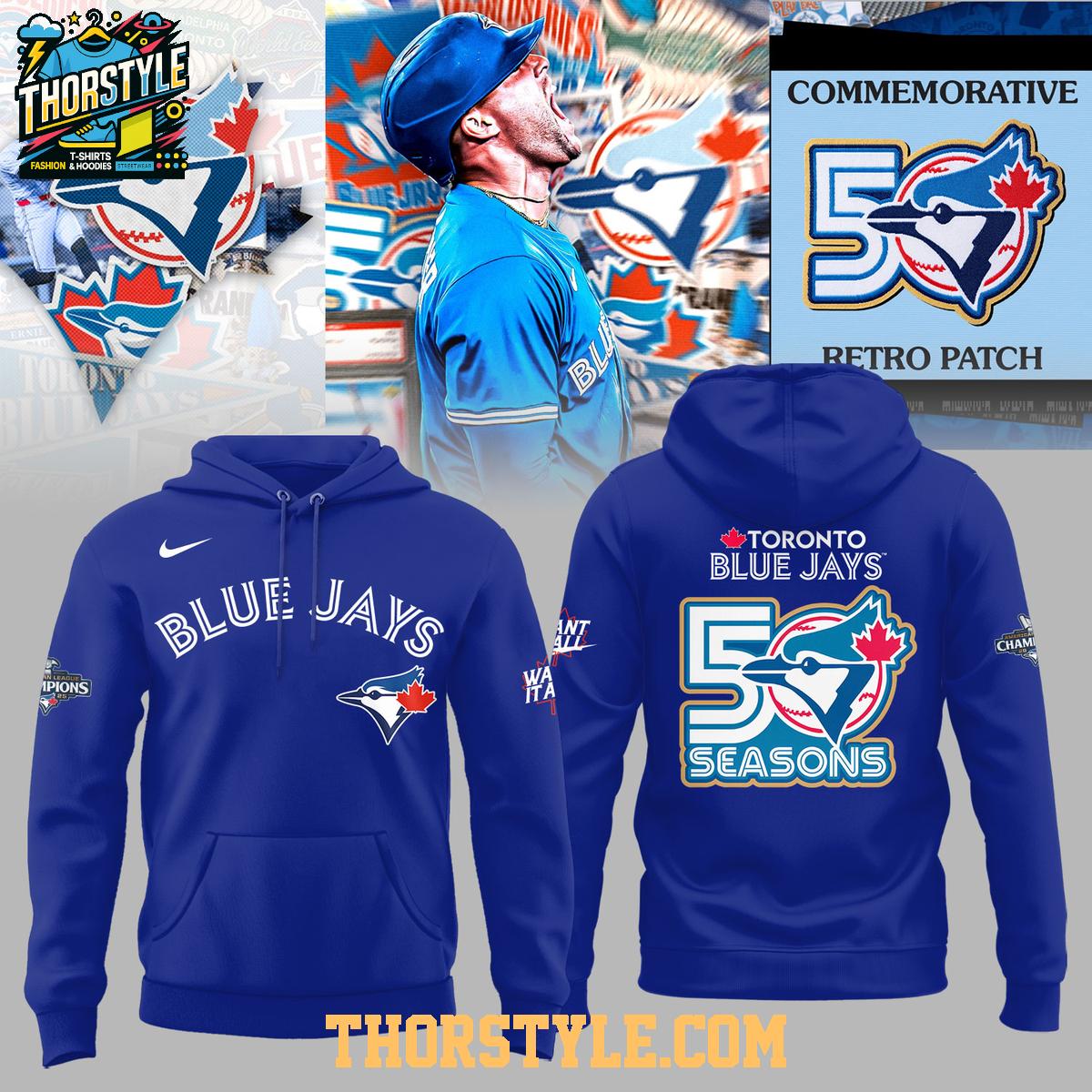 Toronto Blue Jays 2026 Commemorative Retro 50 Seasons Hoodie T-Shirt Toronto Blue Jays 2026 Commemorative Retro 50 Seasons Hoodie T-Shirt