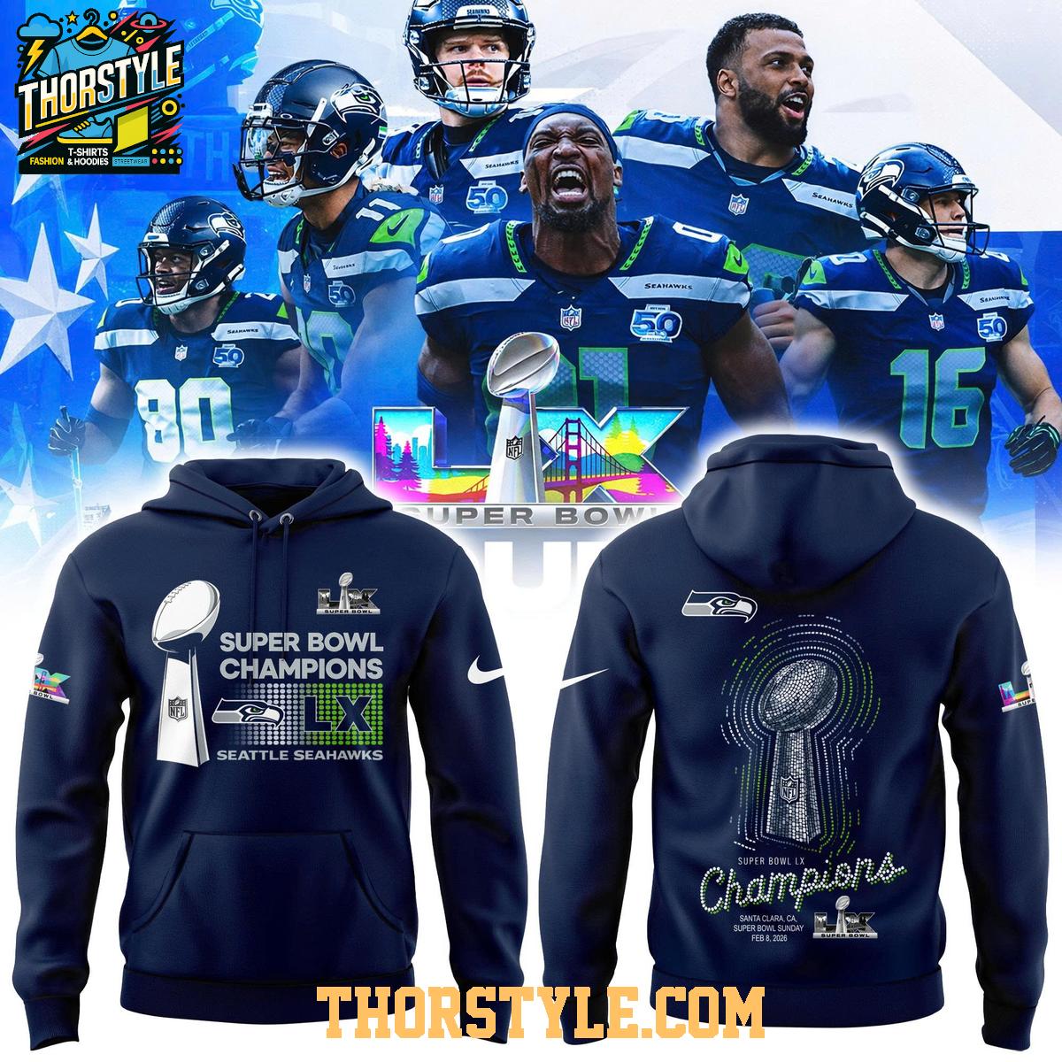 Seattle Seahawks Super Bowl LX Champions 2025 Santa Clara Hoodie T-Shirt Seattle Seahawks Super Bowl LX Champions 2025 Santa Clara Hoodie T-Shirt