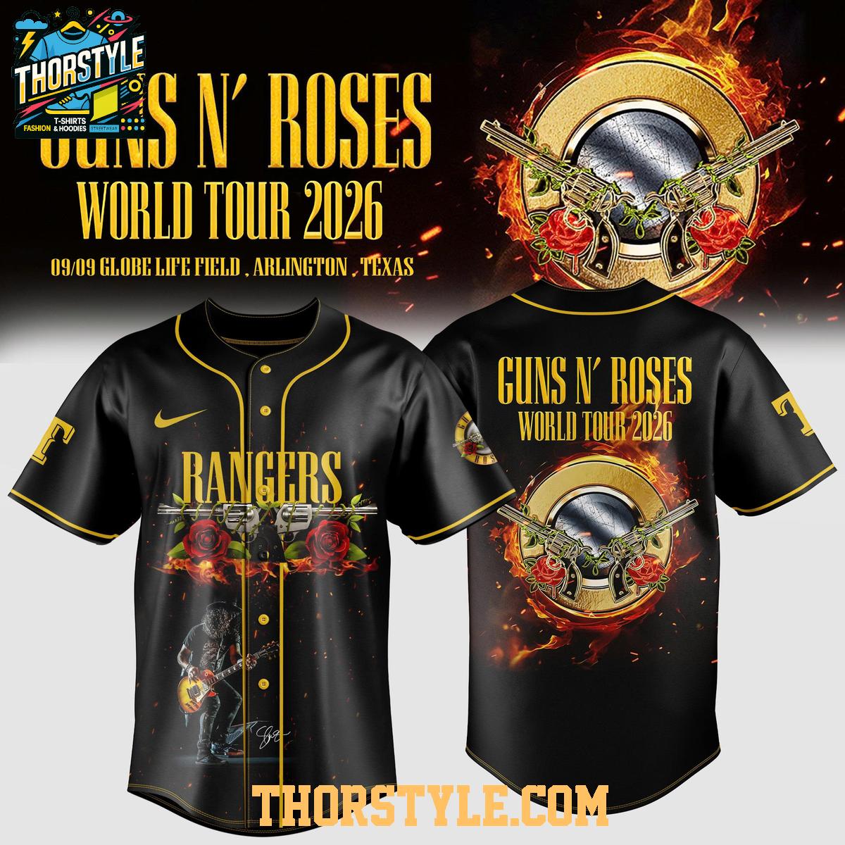 Texas Rangers 2026 Guns N' Roses 2026 World Tour Personalized Baseball Jersey Texas Rangers 2026 Guns N' Roses 2026 World Tour Personalized Baseball Jersey