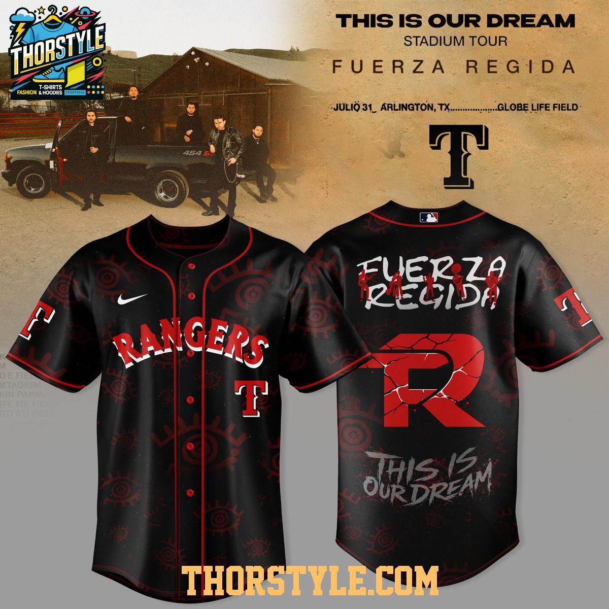 Texas Rangers x Fuerza Regida This Is Our Dream Stadium Tour 2026 Baseball Jersey Texas Rangers x Fuerza Regida This Is Our Dream Stadium Tour 2026 Baseball Jersey