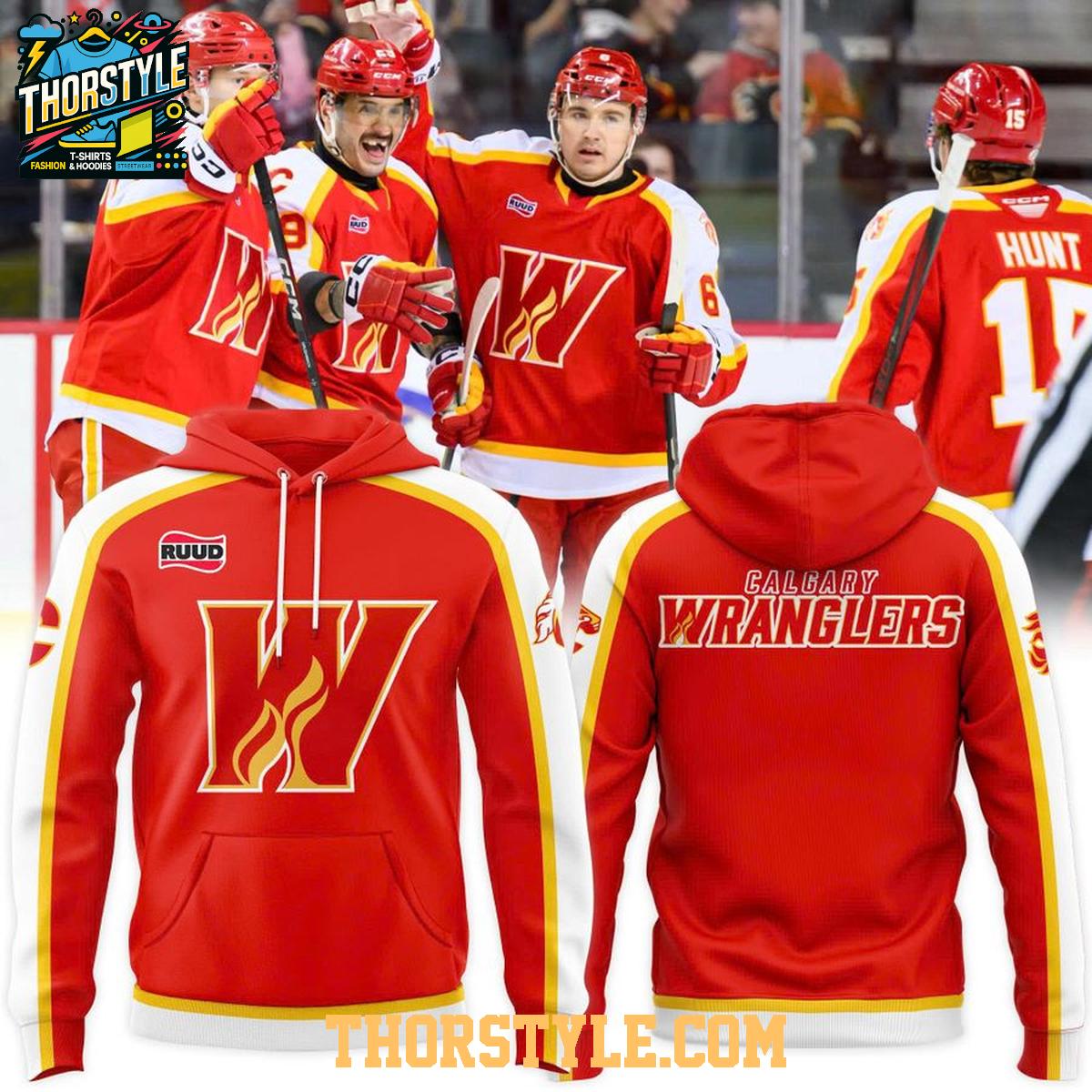Calgary Wranglers 2025-2026 New Season Uniform Hoodie T-Shirt Calgary Wranglers 2025-2026 New Season Uniform Hoodie T-Shirt