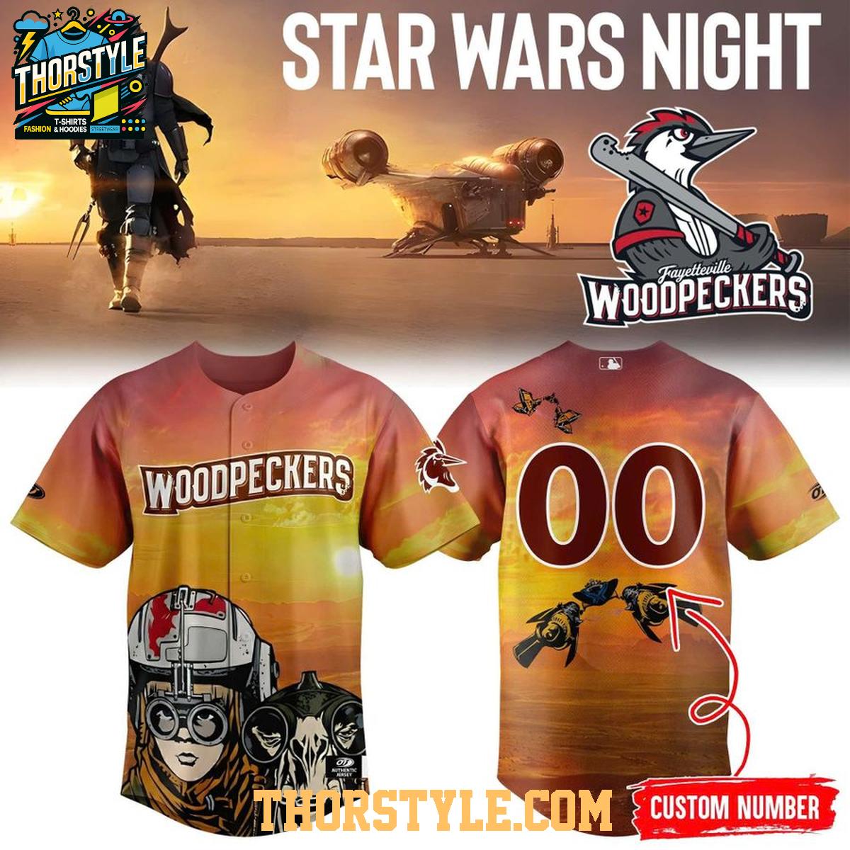 Fayetteville Woodpeckers 2026 Star Wars Night Personalized Baseball Jersey Fayetteville Woodpeckers 2026 Star Wars Night Personalized Baseball Jersey