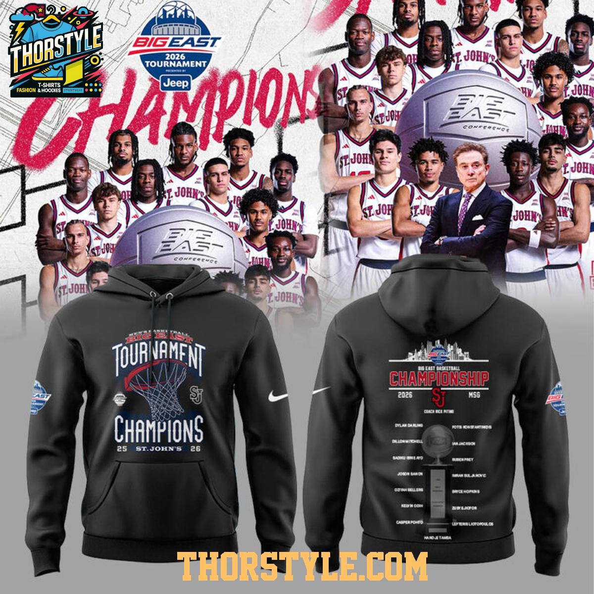 St. John's Red Storm 2026 Big East Champions Locker Room Hoodie T-Shirt St. John's Red Storm 2026 Big East Champions Locker Room Hoodie T-Shirt