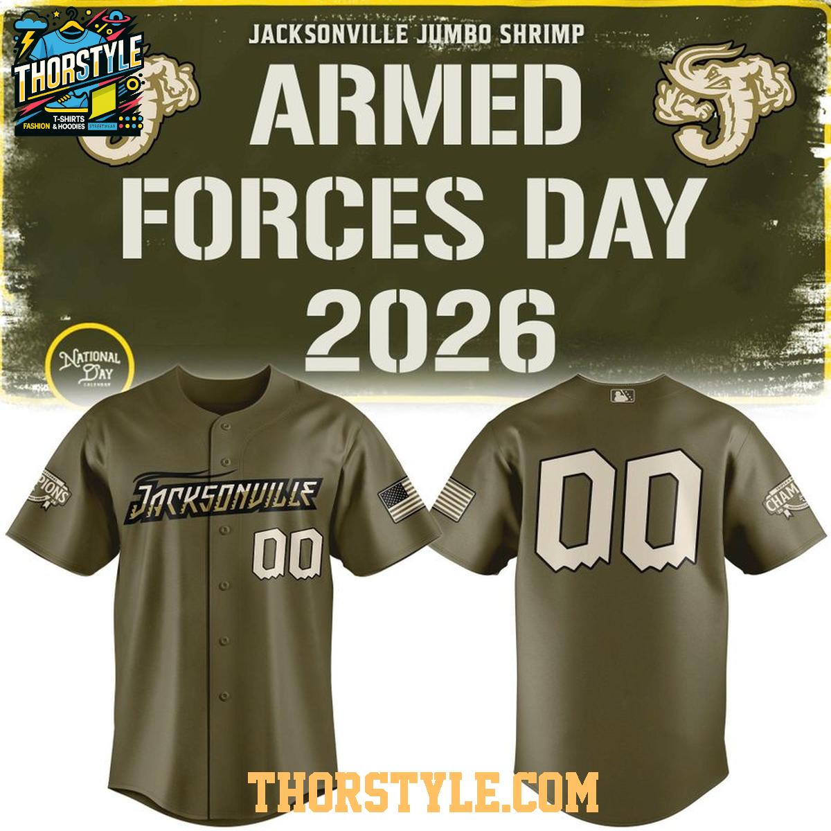 Jacksonville Jumbo Shrimp Armed Forces Day 2026 Baseball Jersey Jacksonville Jumbo Shrimp Armed Forces Day 2026 Baseball Jersey