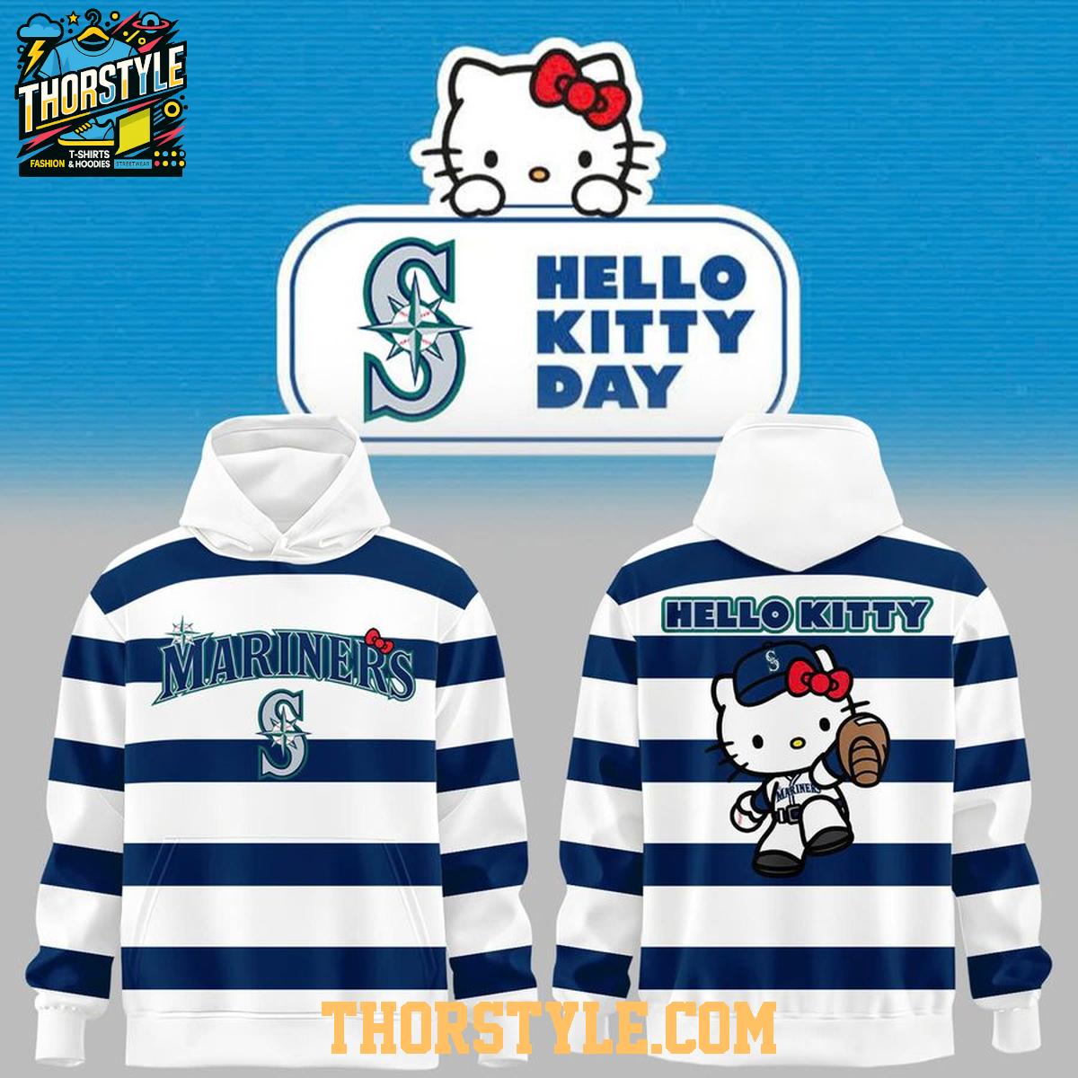 Seattle Mariners x Hello Kitty 2026 Retro Night Striped Hoodie Shirts Seattle Mariners x Hello Kitty 2026 Retro Night Striped Hoodie Shirts