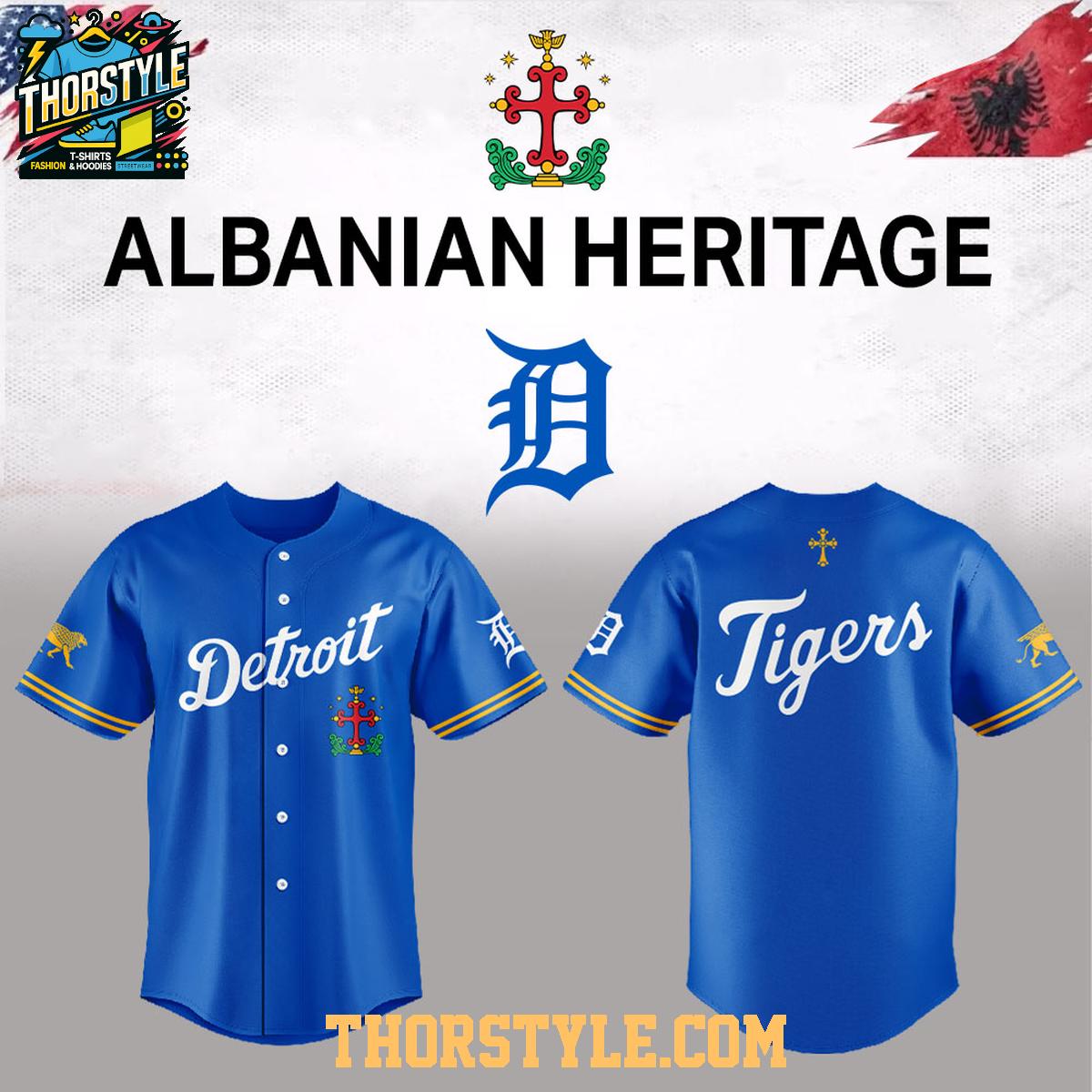 Detroit Tigers Albanian Heritage 2026 Day Personalized Baseball Jersey Detroit Tigers Albanian Heritage 2026 Day Personalized Baseball Jersey