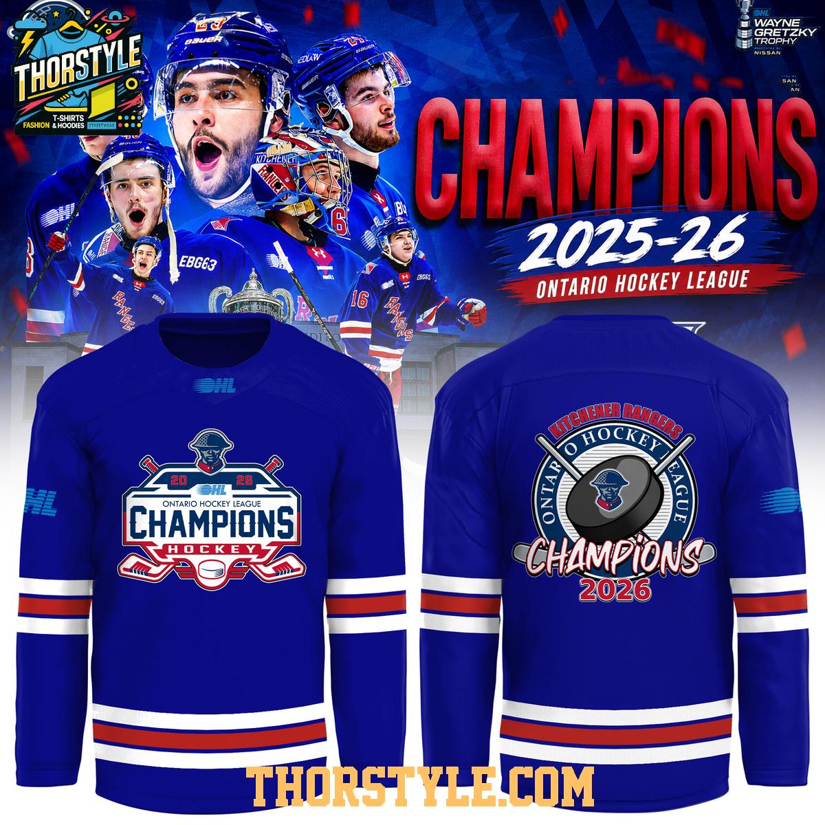 Kitchener Rangers OHL Champions 2025-2026 Celebrate Hockey Jersey Kitchener Rangers OHL Champions 2025-2026 Celebrate Hockey Jersey