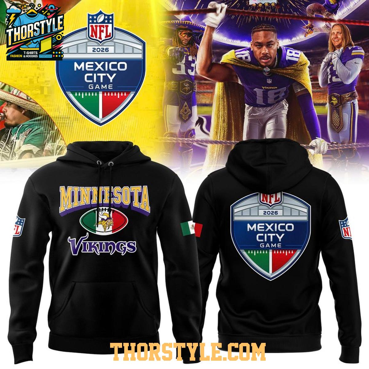 Minnesota Vikings 2026 NFL Mexico City Game Celebrating Hoodie T-Shirt Minnesota Vikings 2026 NFL Mexico City Game Celebrating Hoodie T-Shirt