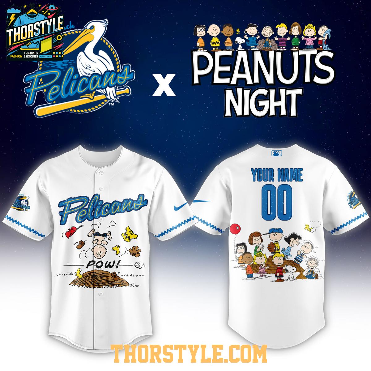 Myrtle Beach Pelicans Peanuts White Night 2026 MiLB Personalized Jersey Myrtle Beach Pelicans Peanuts White Night 2026 MiLB Personalized Jersey
