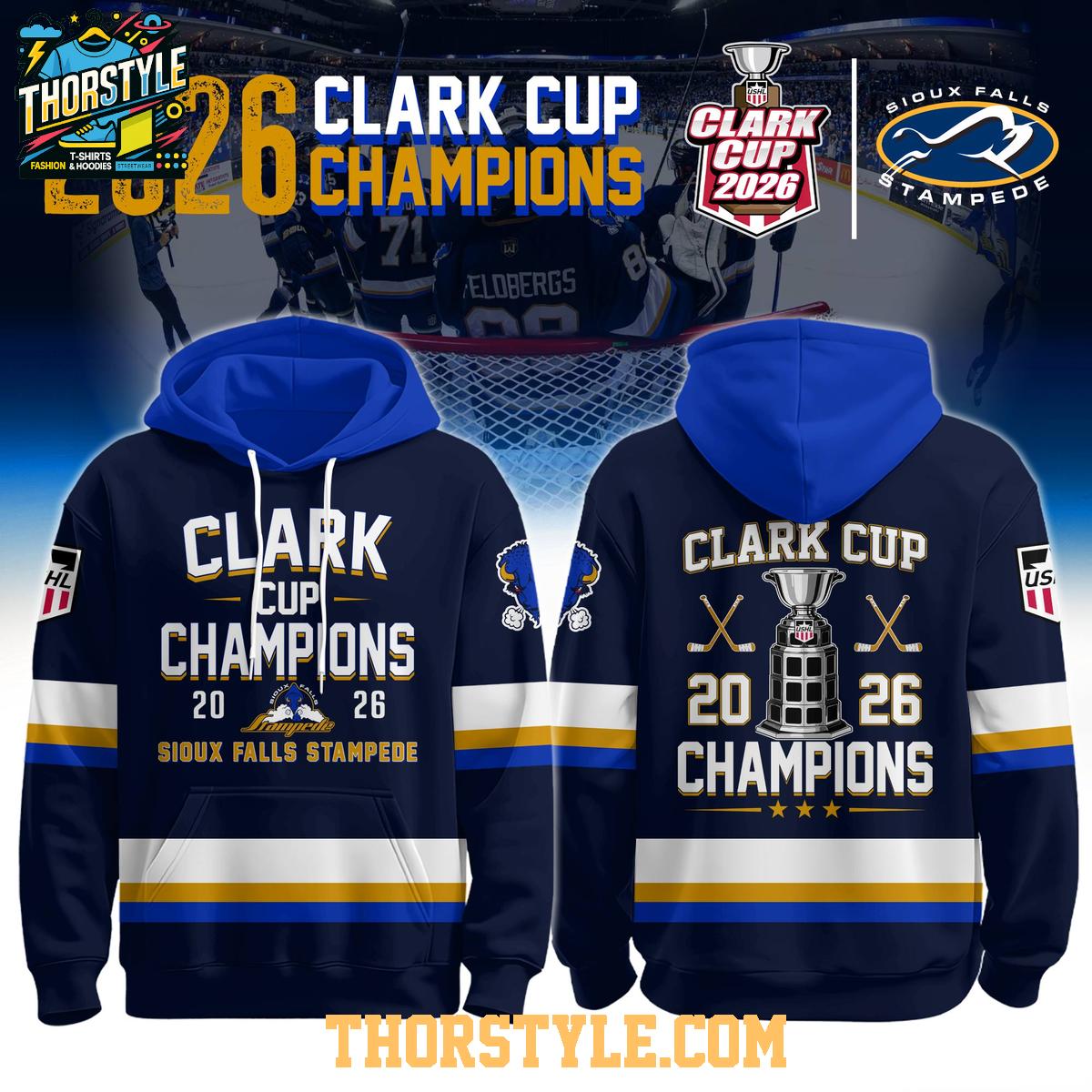 Sioux Falls Stampede USHL Champions 2026 Hockey Hoodie T-Shirt Navy Sioux Falls Stampede USHL Champions 2026 Hockey Hoodie T-Shirt Navy