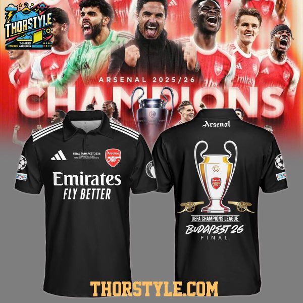 Arsenal Champions League Winners Fly Emirates Budapest Final Black Polo Shirt