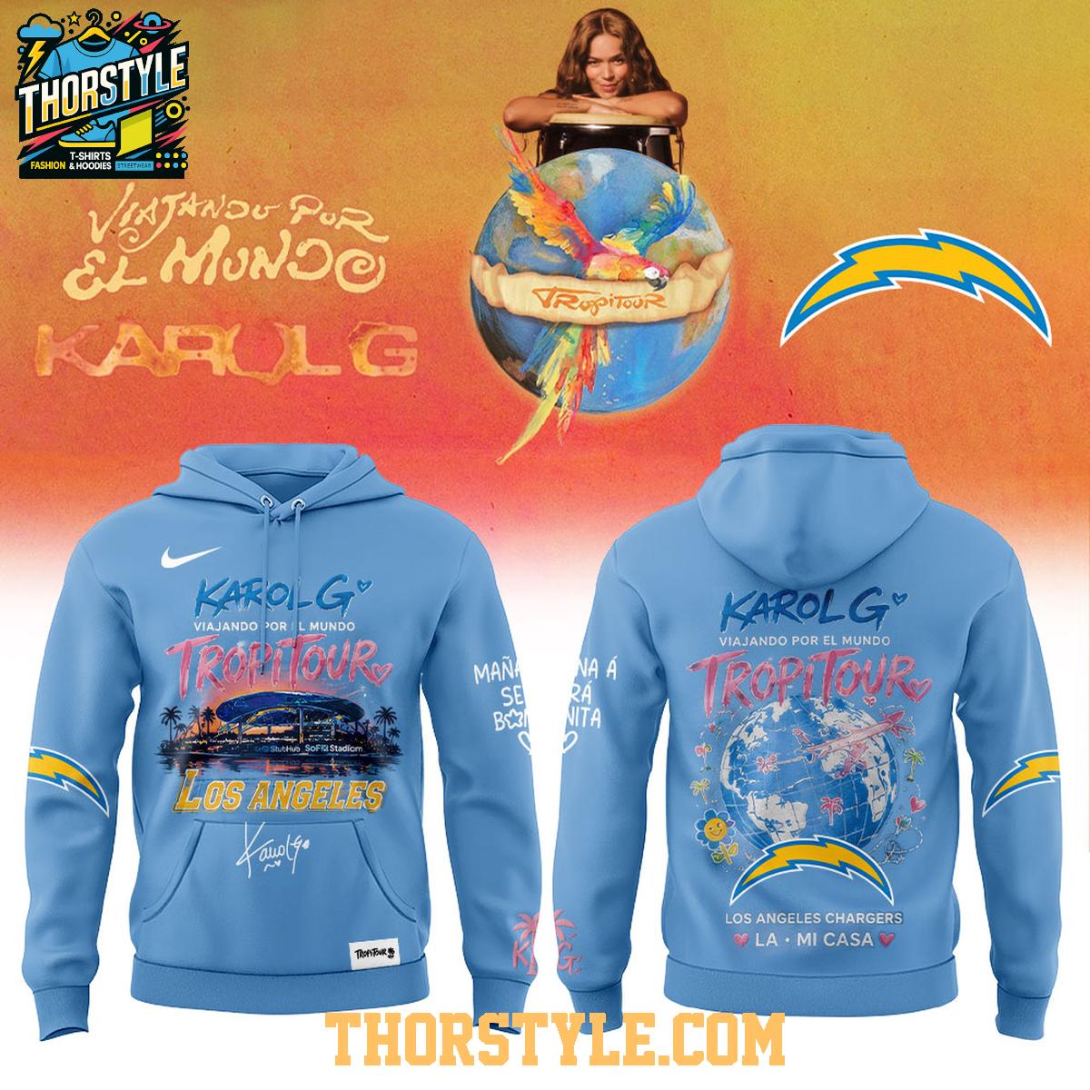 Los Angeles Chargers Karol G Viajando Por El Mundo Tropitour 2026 Mi Casa Hoodie Shirts Los Angeles Chargers Karol G Viajando Por El Mundo Tropitour 2026 Mi Casa Hoodie Shirts