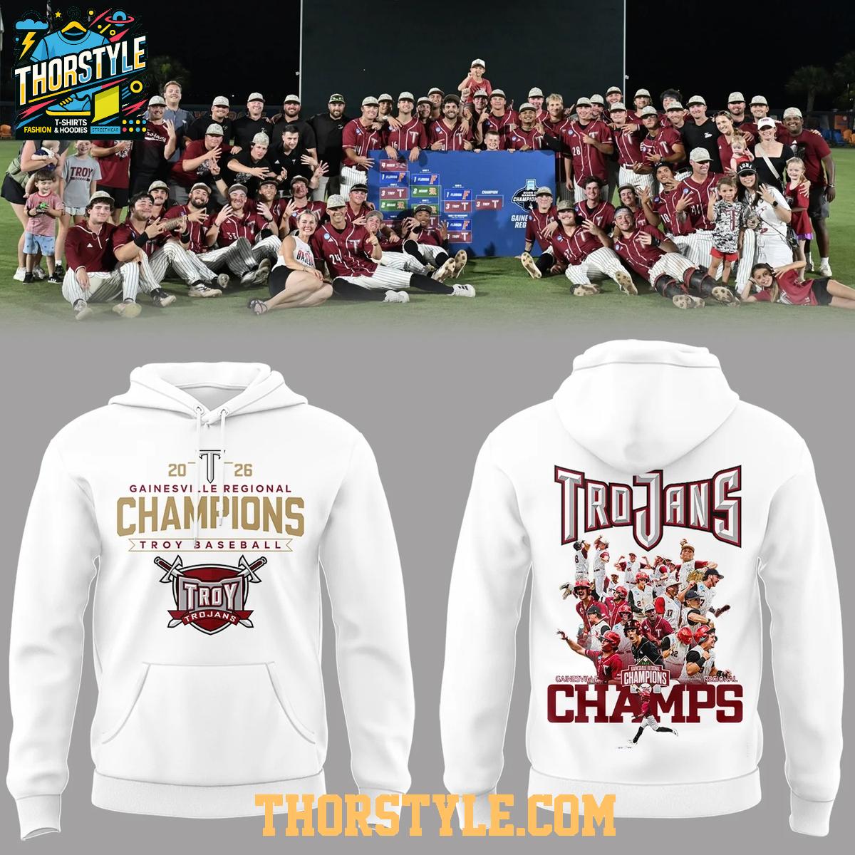 Troy Trojans x Champion Gainesville Regional 2026 Celebrate Hoodie T-Shirt Troy Trojans x Champion Gainesville Regional 2026 Celebrate Hoodie T-Shirt