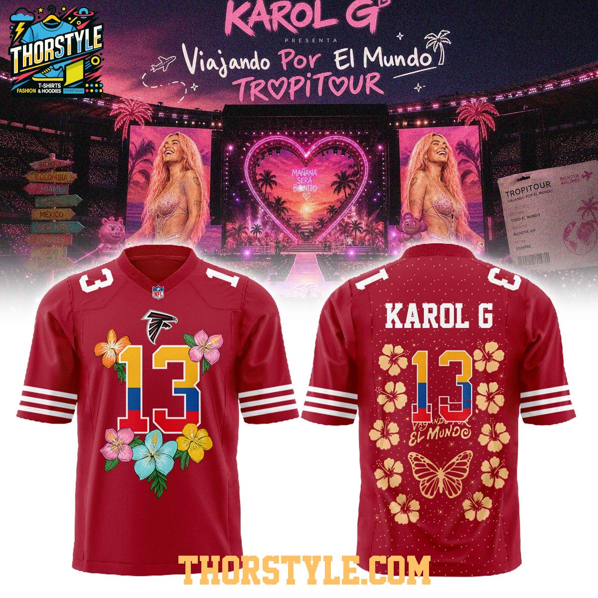 Atlanta Falcons x Karol G Viajando Por El Mundo TropiTour 2026 Fooball Jersey Atlanta Falcons x Karol G Viajando Por El Mundo TropiTour 2026 Fooball Jersey