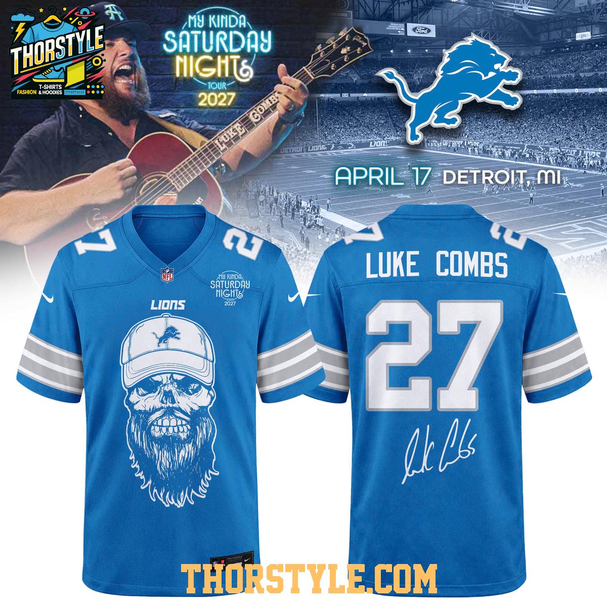 Detroit Lions Luke Combs My Kinda Saturday Night Tour 2027 Football Jersey Detroit Lions Luke Combs My Kinda Saturday Night Tour 2027 Football Jersey