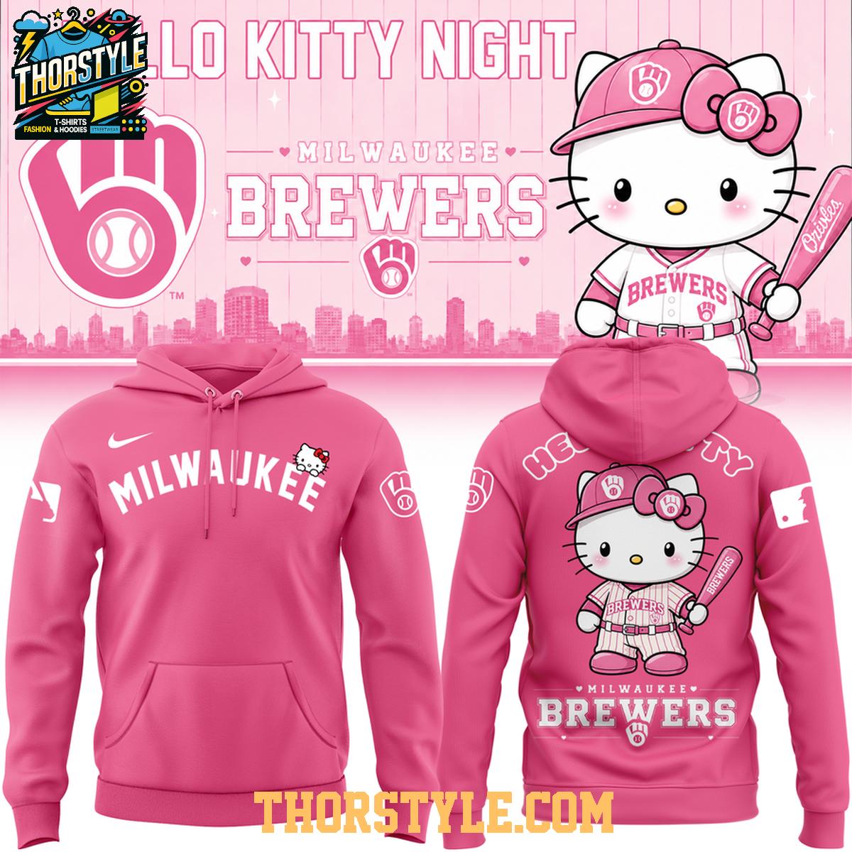 Milwaukee Brewers Hello Kitty Night 2026 All Pink Game Hoodie T-Shirt Milwaukee Brewers Hello Kitty Night 2026 All Pink Game Hoodie T-Shirt
