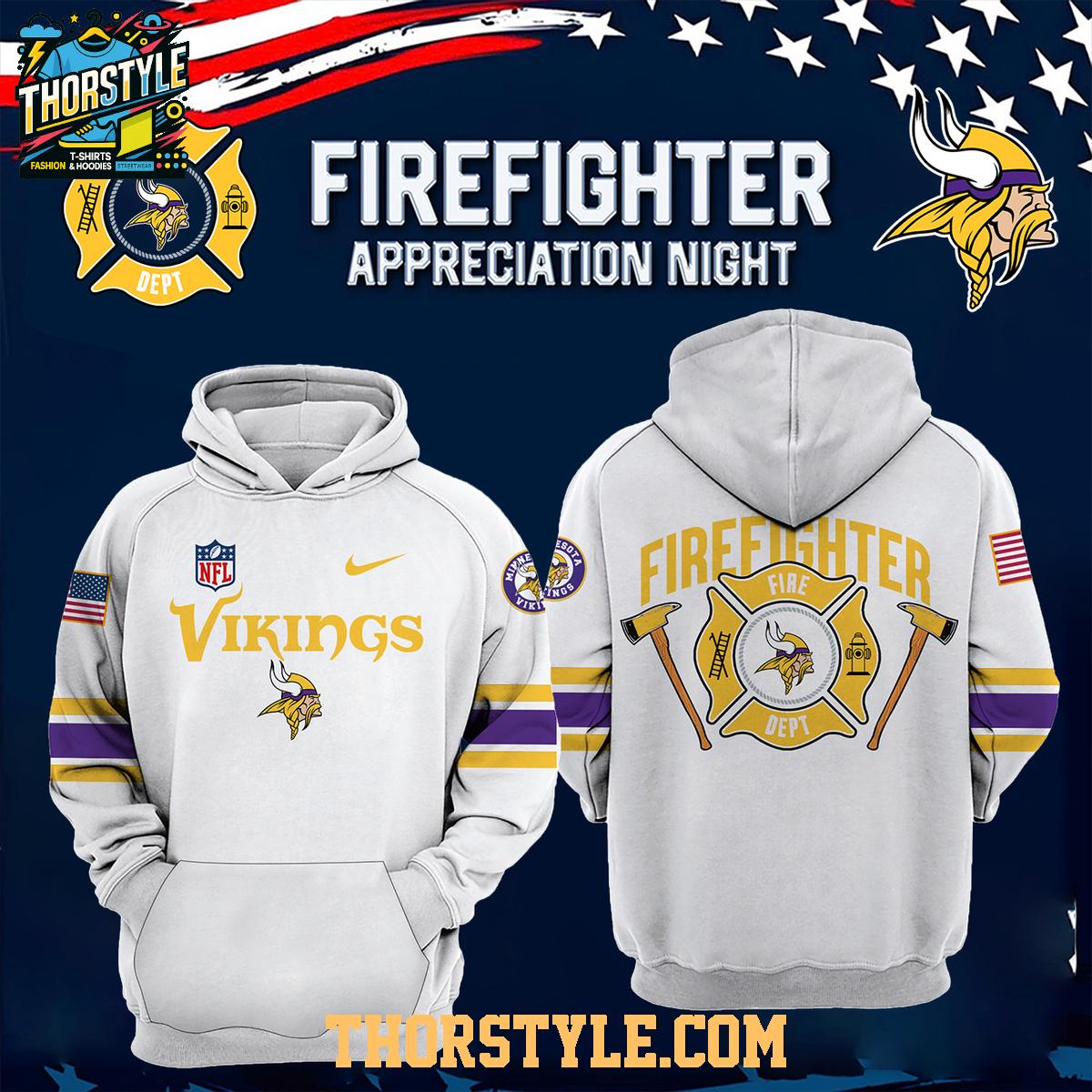 Minnesota Vikings x 2026 Firefighter Appreciation Night All White Hoodie Shirts Minnesota Vikings x 2026 Firefighter Appreciation Night All White Hoodie Shirts