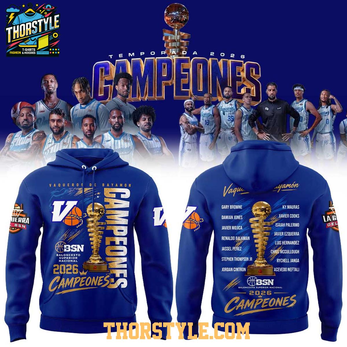 Vaqueros de Bayamon 2026 Champions List Players Back to Back Hoodie T-Shirt Vaqueros de Bayamon 2026 Champions List Players Back to Back Hoodie T-Shirt