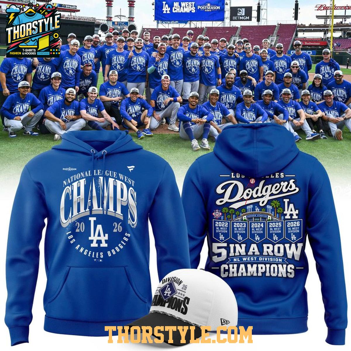 Los Angeles Dodgers 5 In A Row NL West Division Champions 2026 Hoodie Shirts Los Angeles Dodgers 5 In A Row NL West Division Champions 2026 Hoodie Shirts