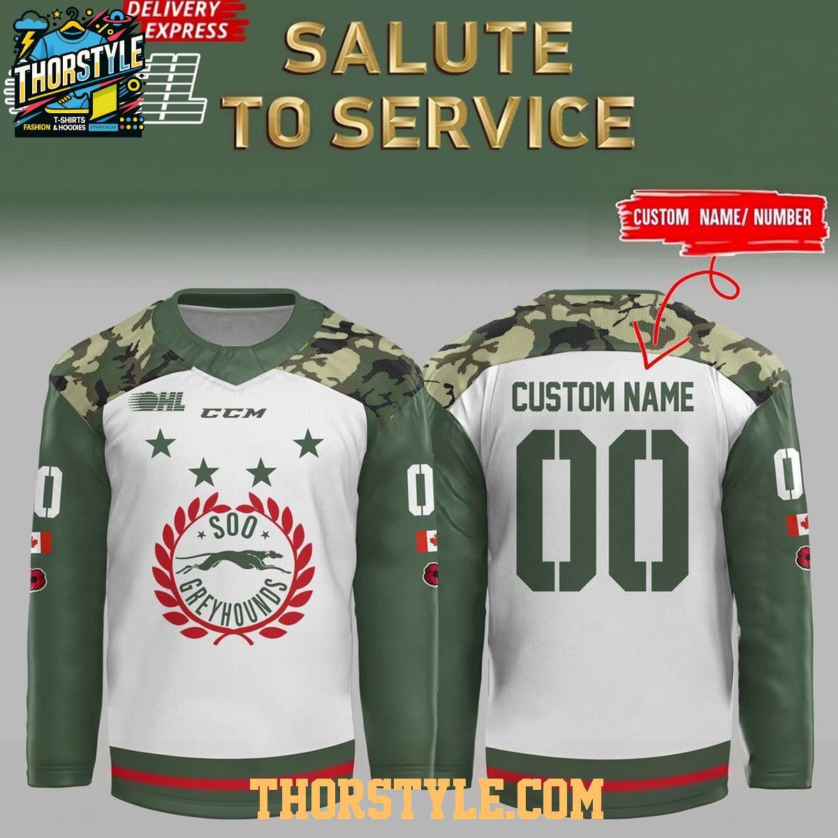 Soo Greyhounds 2026 Salute To Service Night Personalized Hockey Jersey Soo Greyhounds 2026 Salute To Service Night Personalized Hockey Jersey