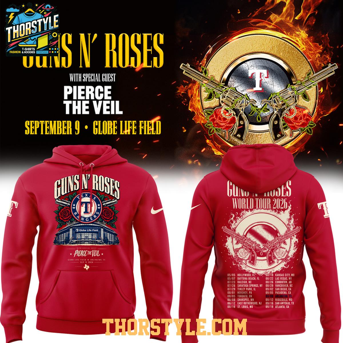 Texas Rangers Guns N' Roses Globe Life Field 2026 Tour Red Night Hoodie Shirts Texas Rangers Guns N' Roses Globe Life Field 2026 Tour Red Night Hoodie Shirts