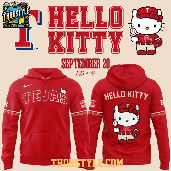 Texas Rangers x Hello Kitty 2026 Tejas City Connect Red Hoodie T-Shirt
