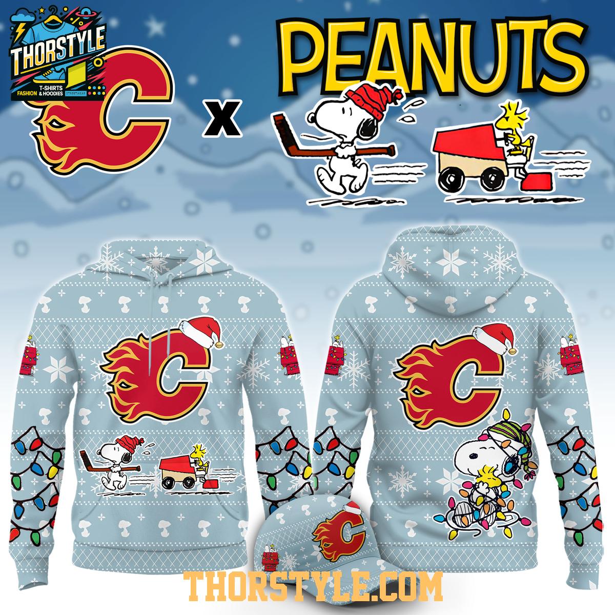 Calgary Flames Peanuts 2026 Hockey Christmas Night Hoodie Shirts Calgary Flames Peanuts 2026 Hockey Christmas Night Hoodie Shirts